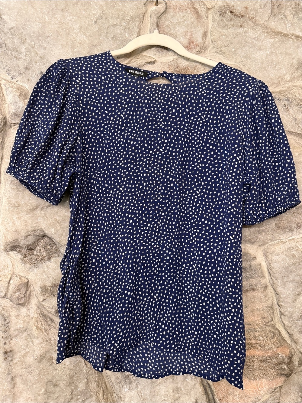 Express Navy and White Dot Puff-Sleeve Blouse
